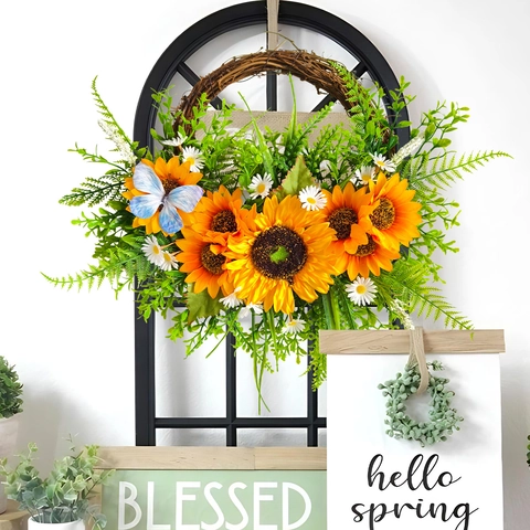 Künstlicher Sonnenblumenkranz Mit Schmetterling Gänseblümchen Simulation Grünpflanzen Girlande Für Haustür Wand Haus Deko