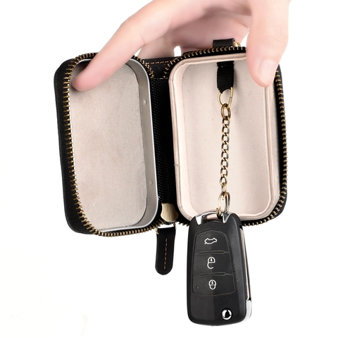 Étui À Clés De Voiture En Cuir Véritable Pochette À Fermeture Éclair Porte-Clés Rétro En Cuir De Vachette Organisateur Durable