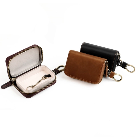 Étui À Clés De Voiture En Cuir Véritable Pochette À Fermeture Éclair Porte-Clés Rétro En Cuir De Vachette Organisateur Durable