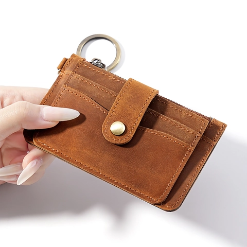 Vintage Genuine Leather Card Holder For Men Crazy Horse Cowhide Zipper Coin Purse With Keychain Small Portable Slim Wallet Organizer