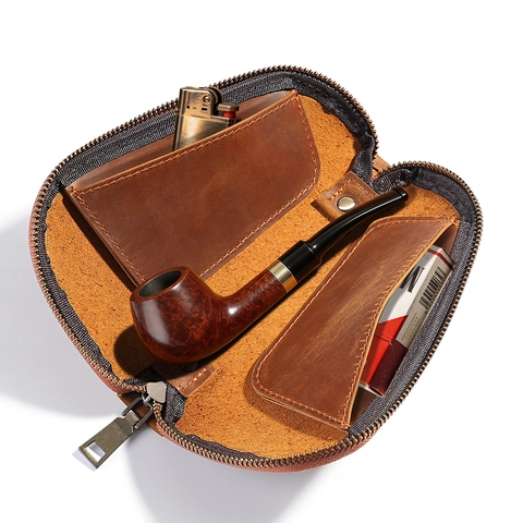 Portapipe In Pelle Crazy Horse Vintage Vera Pelle Bovina Borsa Per Tabacco Retrò Cerniera Organizzatore Uomo