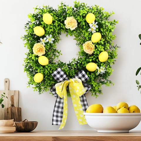 Artificial Lemon Square Wreath With Bow Knot Yellow Rose Green Leaves Floral Garland For Front Door Wall Summer Home Decor