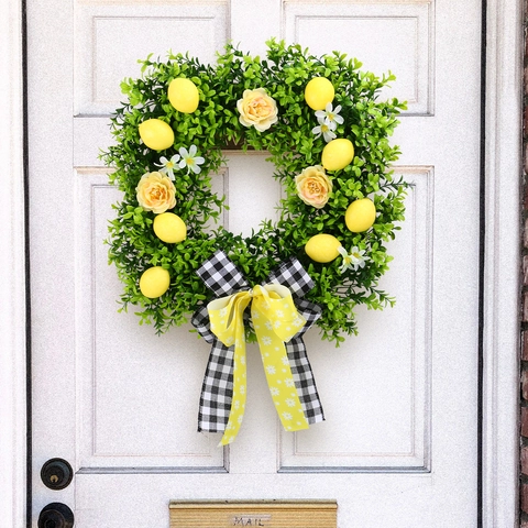 Artificial Lemon Square Wreath With Bow Knot Yellow Rose Green Leaves Floral Garland For Front Door Wall Summer Home Decor