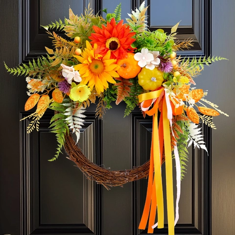 Autumn Harvest Artificial Sunflower Wreath With Pumpkins Maple Leaves Ribbons For Front Door Thanksgiving Halloween Decor