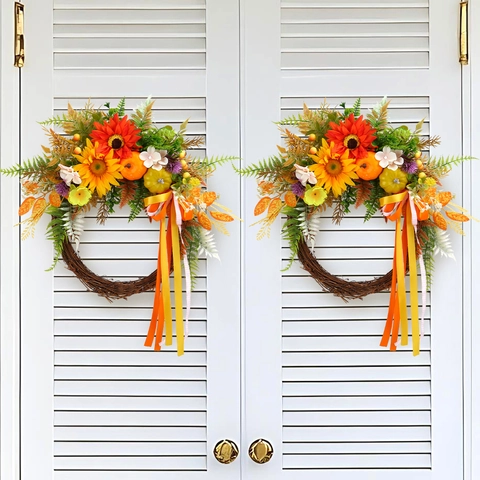 Autumn Harvest Artificial Sunflower Wreath With Pumpkins Maple Leaves Ribbons For Front Door Thanksgiving Halloween Decor