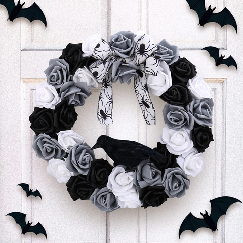 Gothic Halloween Kranz Schwarz Weiß Grau Rose Künstliche Blumen Girlande Krähe Spinne Schleife Tür Deko Party Zubehör