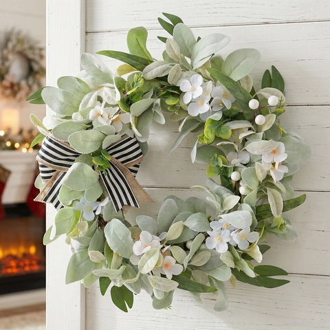 Artificial Eucalyptus Wreath With White Flowers Striped Bow Spring Lambs Ear Leaf Wreath For Front Door Home Wedding Party Wall Decor