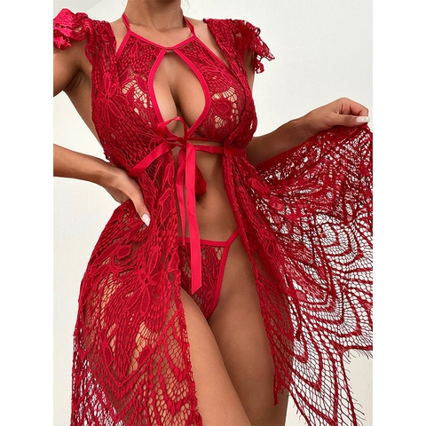Robe En Dentelle Sexy Pour Femmes Et G-String Ajouré Dos Nu Transparent Vêtements De Nuit Décor Noeud