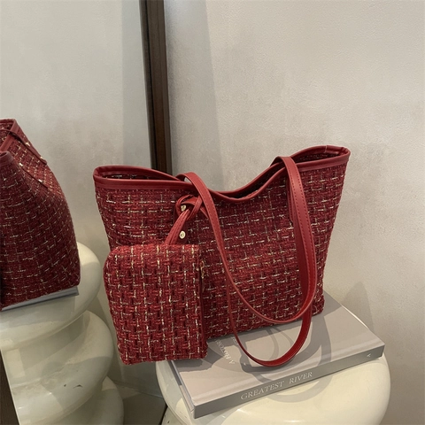 Bolso Tote De Tweed Para Mujer Con Bolsa A Juego Elegante Estampado De Cuadros Para El Trabajo Ribete De Cuero PU Y Remaches Vintage