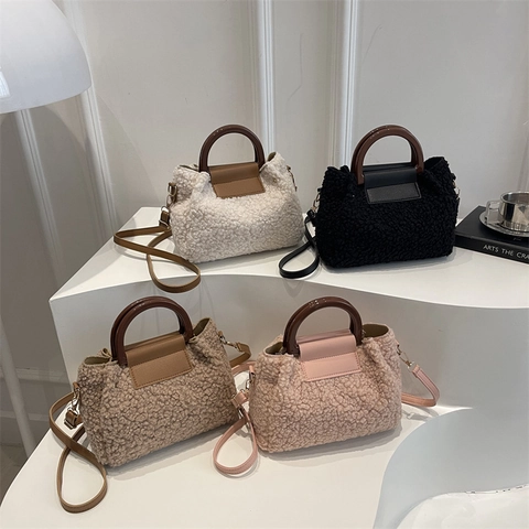 Damen Plüsch Handtasche Teddy Fleece Umhängetasche Mit Holzgriffen Retro Kunstfell Crossbody Tasche Herbst Winter Elegant