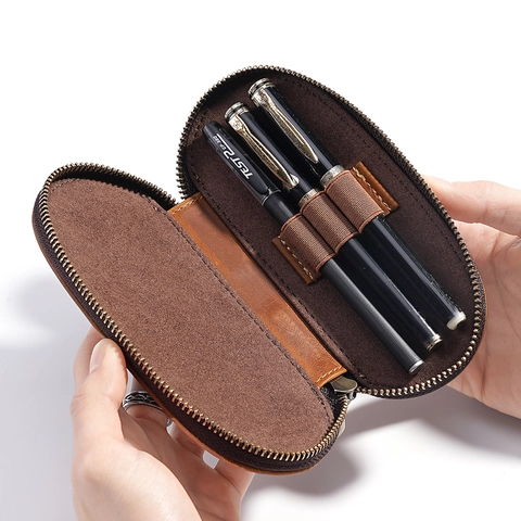 Crazy Horse Leather Zipper Pen Case Vintage Handmade Genuine Leather Fountain Pen Pouch Protective Writing Instrument Stationery Organizer Bag