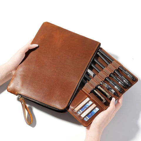 Borsa Porta Documenti Vintage in Vera Pelle Crazy Horse Organizer Multifunzionale con Cerniera per Passaporto Tablet Penna
