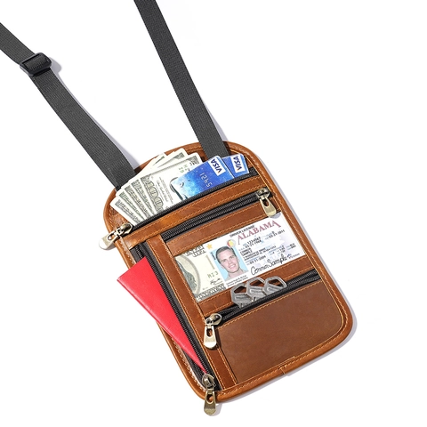 Porta Passaporto in Pelle di Vacchetta Vintage Protezione RFID Custodia da Collo Portafoglio da Viaggio Unisex Borsa a Tracolla