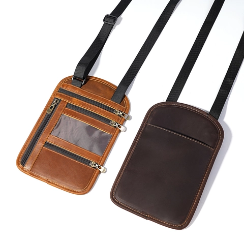 Porta Passaporto in Pelle di Vacchetta Vintage Protezione RFID Custodia da Collo Portafoglio da Viaggio Unisex Borsa a Tracolla