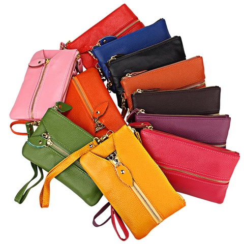 Women Genuine Leather Litchi Grain Key Pouch Double Zipper Coin Purse With Wristlet Strap For Daily Travel Minimalist Wallet