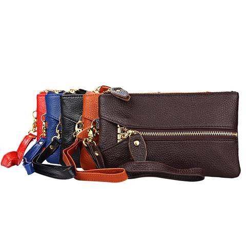 Women Genuine Leather Litchi Grain Key Pouch Double Zipper Coin Purse With Wristlet Strap For Daily Travel Minimalist Wallet