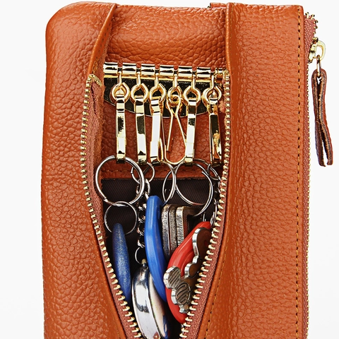 Portamonete in Vera Pelle Grana Litchi Astuccio per Chiavi Multifunzionale Per Donna Portafoglio per Cellulare Con Cinturino da Polso Pochette