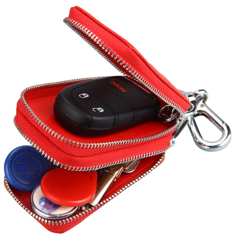 Cartera de Cuero Auténtico para Llaves de Coche Con Doble Cremallera Ventana Transparente Gancho Metálico Estuche para Llaves de Gran Capacidad
