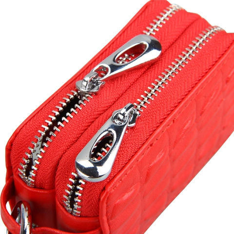 Cartera de Cuero Auténtico para Llaves de Coche Con Doble Cremallera Ventana Transparente Gancho Metálico Estuche para Llaves de Gran Capacidad