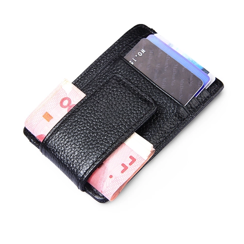 RFID Blocking Genuine Leather Slim Card Holder Wallet For Men Women Litchi Grain Cowhide Money Clip ID Window Minimalist Business