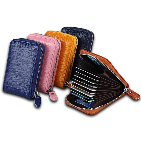 Genuine Leather Accordion Card Holder RFID Blocking Zipper Multi Slot Credit Card Case Small Wallet Coin Purse Unisex