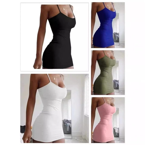 Women Mini Camisole Dress Polyester Elastic Knit Spaghetti Strap Bodycon Slim Fit Casual Homewear Sleepwear