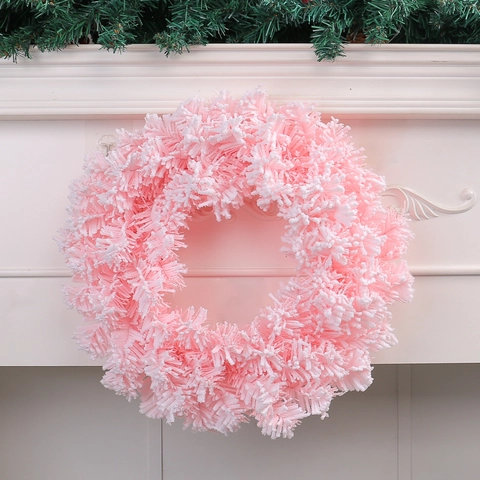 Couronne De Noël Artificielle Neige Floconnée PVC Pour Porte D'entrée Suspension Murale Décoration D'hiver Rose Blanc