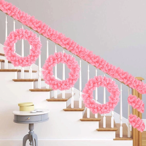 Couronne De Noël Artificielle Neige Floconnée PVC Pour Porte D'entrée Suspension Murale Décoration D'hiver Rose Blanc