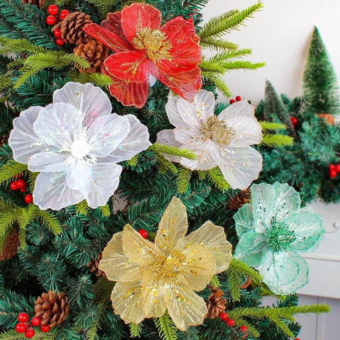 Artificial Christmas Flowers Mesh Glitter Poinsettia Ornaments For Xmas Tree Decoration DIY Party Supplies