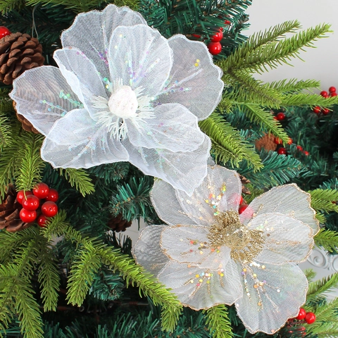 Artificial Christmas Flowers Mesh Glitter Poinsettia Ornaments For Xmas Tree Decoration DIY Party Supplies