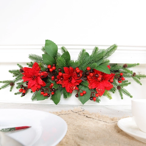 Künstlicher Weihnachts Poinsettia Tischschmuck Mit Kiefernnadeln Beeren Kiefernzapfen Für Kamin Heimdekoration