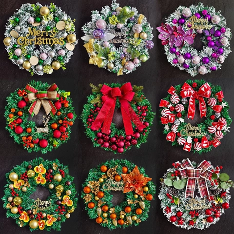 Artificial Christmas Wreath With Red Berries Colorful Balls Bow Reindeer Merry Christmas Sign For Front Door Window Holiday Decor