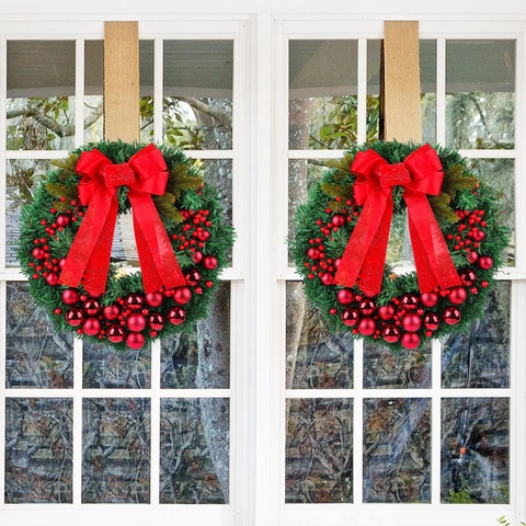 Artificial Christmas Wreath With Red Berries Colorful Balls Bow Reindeer Merry Christmas Sign For Front Door Window Holiday Decor