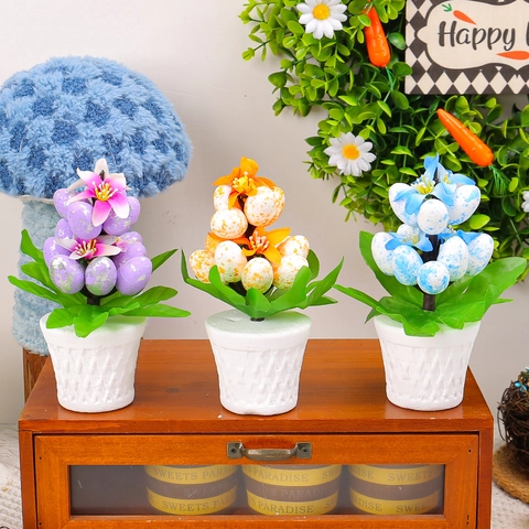 Künstliche Ostereier Blumen Topfpflanze Ornament Gepunktete Eier Weißer Webkorb Desktop Deko Home Festliche Party Display