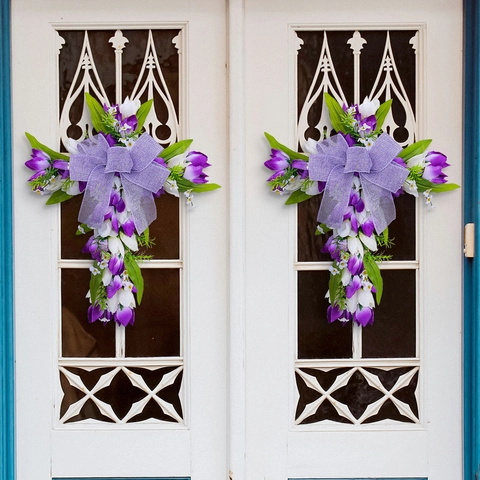 Künstlicher Tulpen Kreuz Kranz Mit Sackleinen Schleife Für Ostern Haustür Dekoration Frühling Floral Wandbehang Haus Deko