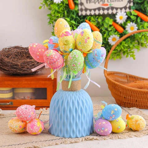 Piquets d'Oeufs de Pâques Décoratifs en Mousse Avec Ruban Motif Papillon Floral pour Fête de Vacances Maison Jardin
