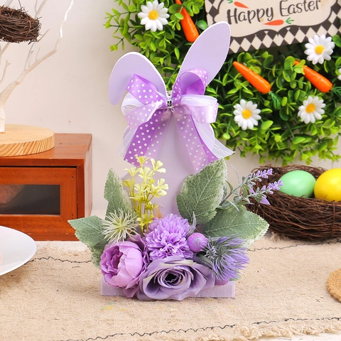 Osterhase Figur Kaninchen Silhouette Holz Ornament Mit Violetten Kunstblumen Und Punkt Schleife Frühling Tischdeko