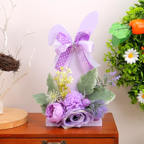 Osterhase Figur Kaninchen Silhouette Holz Ornament Mit Violetten Kunstblumen Und Punkt Schleife Frühling Tischdeko