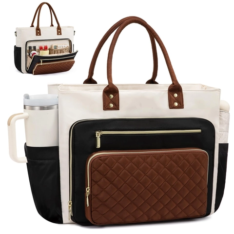 Women Work Handbag Large Capacity Laptop Tote Bag Urban Simple Quilted Polyester Briefcase For Travel Commute Office