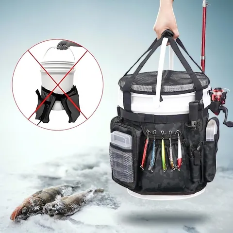 Fishing Bucket Storage Bag Oxford Cloth Multi Pocket Waterproof Tool Organizer With Fishing Rod Holder Camouflage Tackle Pouch