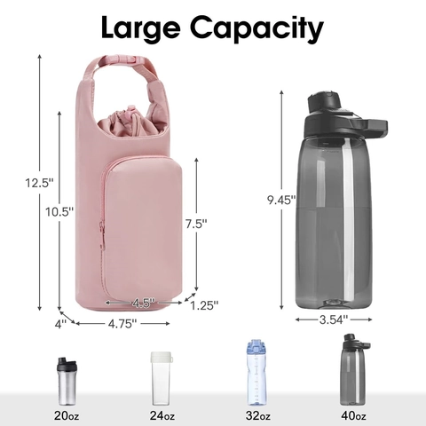 Insulated Water Bottle Bag With Adjustable Shoulder Strap Phone Pocket Drawstring Holder For Hiking Traveling Outdoor