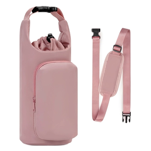 Insulated Water Bottle Bag With Adjustable Shoulder Strap Phone Pocket Drawstring Holder For Hiking Traveling Outdoor