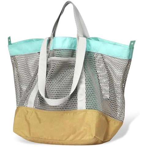 Bolso De Playa De Malla Nailon Transpirable Gran Capacidad Con Bolsa Con Cremallera Resistente Arena Bolso Hombro Viaje