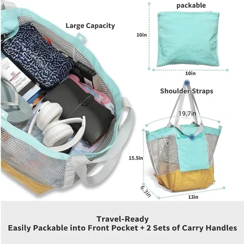 Bolso De Playa De Malla Nailon Transpirable Gran Capacidad Con Bolsa Con Cremallera Resistente Arena Bolso Hombro Viaje