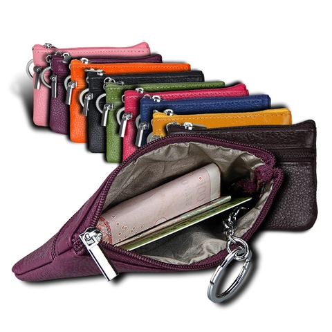 Genuine Leather RFID Blocking Coin Purse Dual Zipper Mini Wallet Small Litchi Grain Cowhide Key Pouch For Men Women Portable Bag