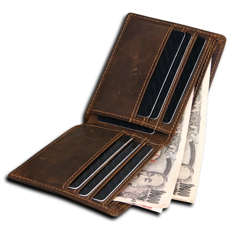 Cartera Vintage de Hombre de Cuero Genuino Crazy Horse Bifold Bloqueo RFID Múltiples Ranuras para Tarjetas Retro Marrón Cuero de Vaca