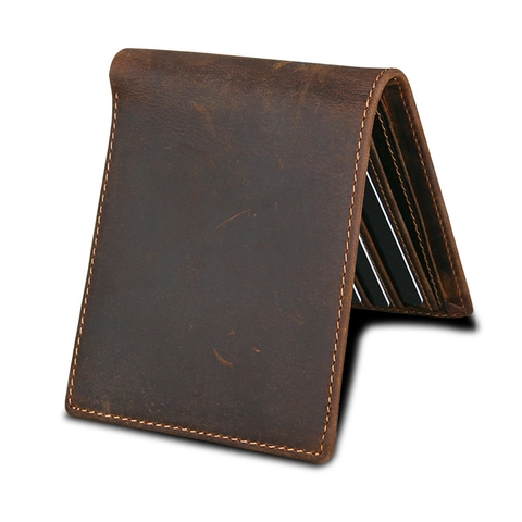 Cartera Vintage de Hombre de Cuero Genuino Crazy Horse Bifold Bloqueo RFID Múltiples Ranuras para Tarjetas Retro Marrón Cuero de Vaca