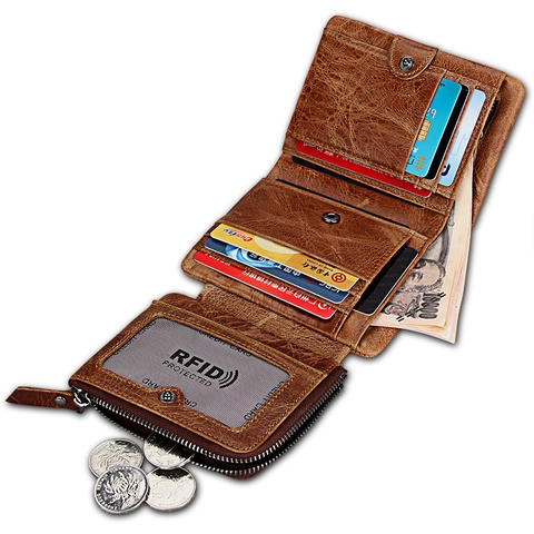 Cartera de Hombre de Cuero Auténtico Crazy Horse Vintage Corta Trifoliada Bloqueo RFID Porta Tarjetas de Negocios Bolsillo con Cremallera