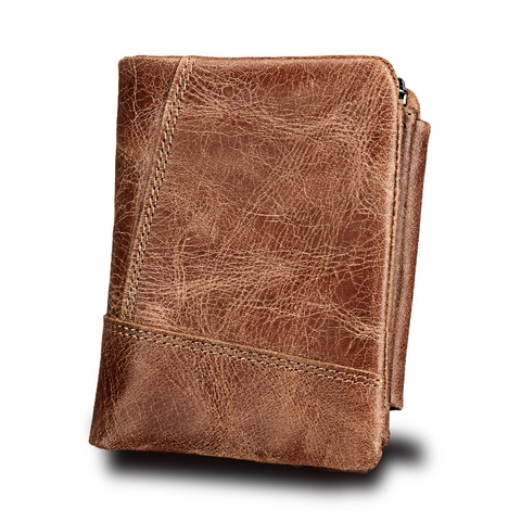 Cartera de Hombre de Cuero Auténtico Crazy Horse Vintage Corta Trifoliada Bloqueo RFID Porta Tarjetas de Negocios Bolsillo con Cremallera