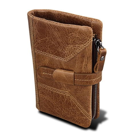 Cartera de Hombre de Piel Genuina Protección RFID Vintage Crazy Horse Cuero de Vaca Triple Pliegue Ranuras Tarjetas Bolsillo Cremallera Regalo